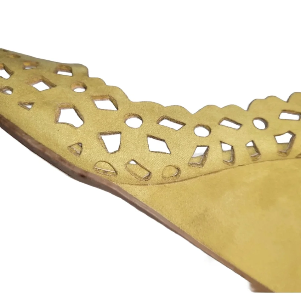 Mix No 6 Yellow Suede Laser-Cutout 4 Inch Wedge Heels Size 8 1/2